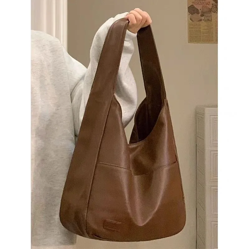 2025 New Autumn And Winter Soft Leather Large Capacity Brown Versatile Commuting Shoulder Bag Women's Tote Bucket Bag