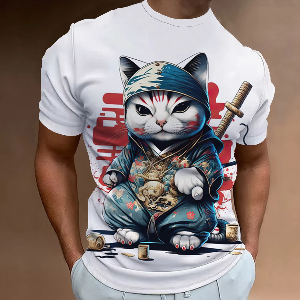 3d Samurai Cat Print Short Sleeve T-Shirt For Men New Retro Men's T-Shirt Fashion Oversized Man Clothes Quick Dry Tees Tops 2024