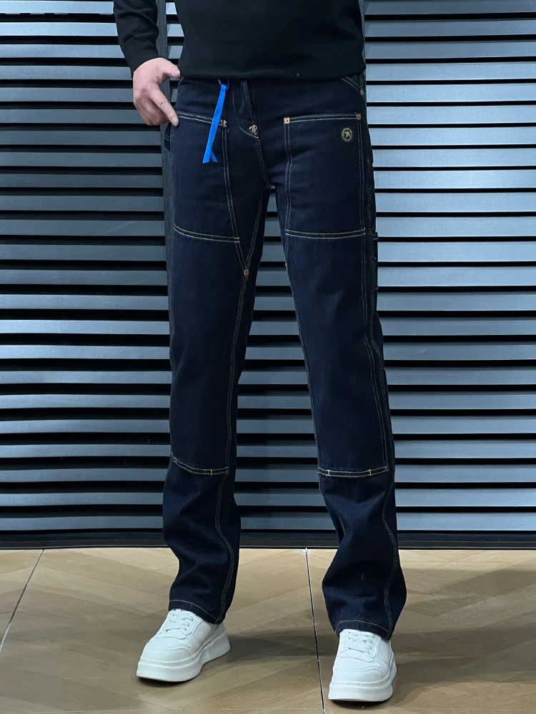 

American Workwear Original Color Men's Jeans Spring Trend Loose High Street Heavy Straight Leg Retro Patchwork Long Pants