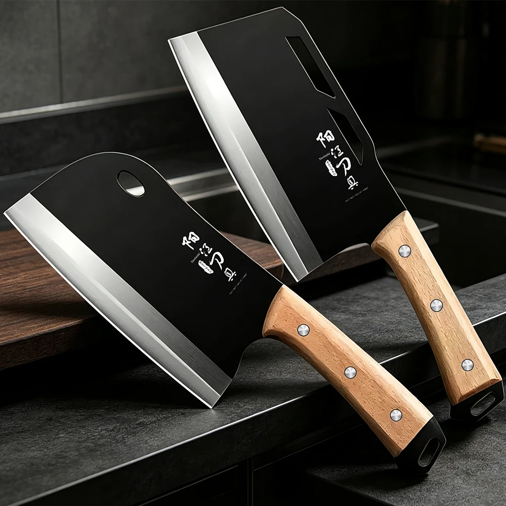 Stainless Steel Butcher Kitchen Knife Chinese Cleaver Knife Wood Handle Bone Chopper Knife Sharp Slicing Cutting Cooking Knife