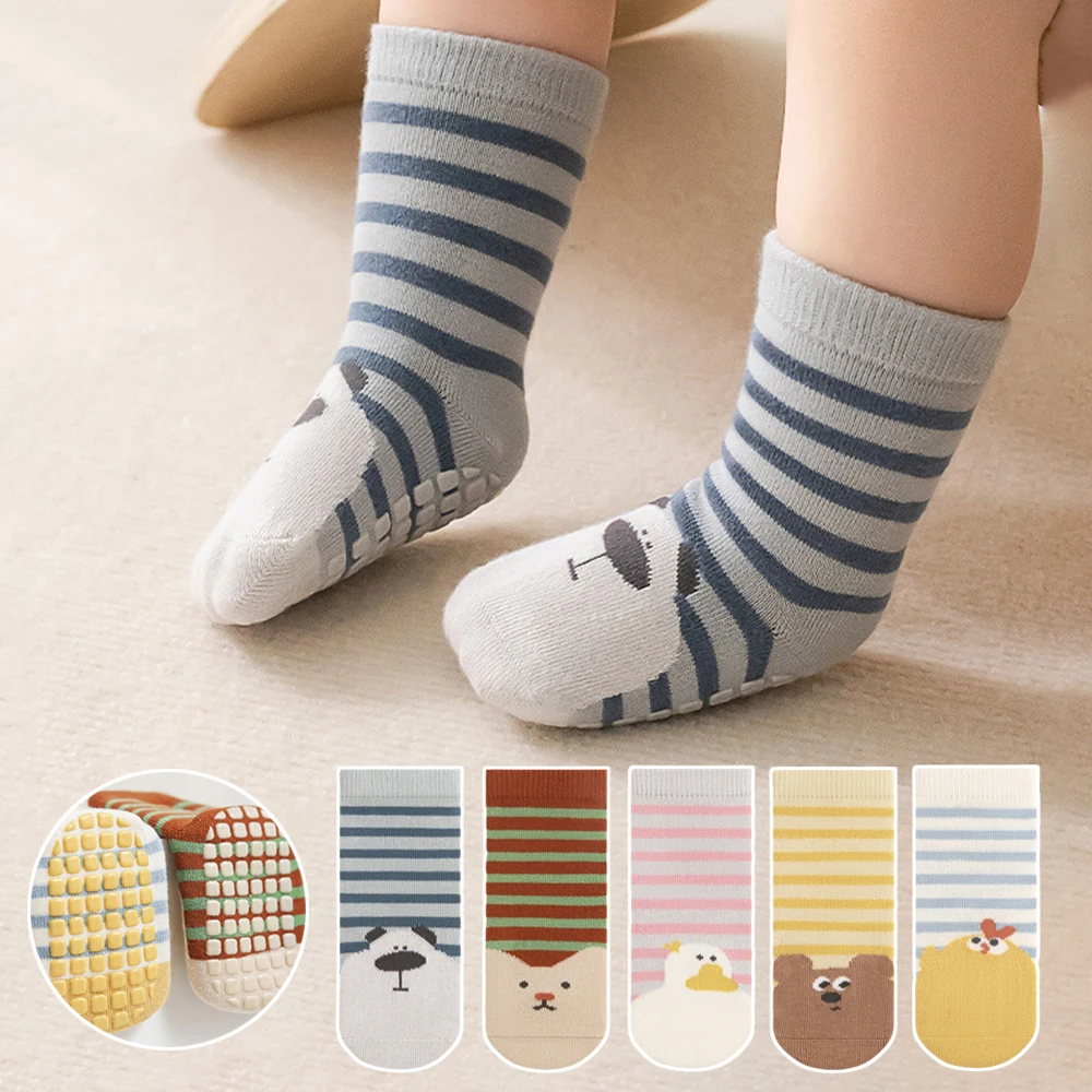 5 pairs anti-slip floor socks featuring cartoon animal babies, striped pattern children's mid-calf socks, baby walker socks
