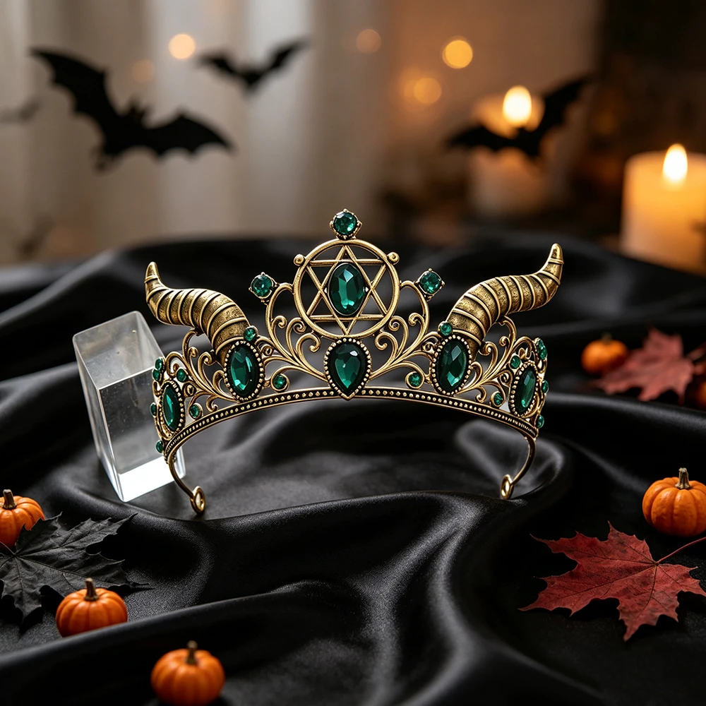 Gothic Demon Horn Crown Tiara Antique Gold Pentagram Headpiece Halloween Witch Devil Cosplay Queen Party Bridal Hair Accessories view 6