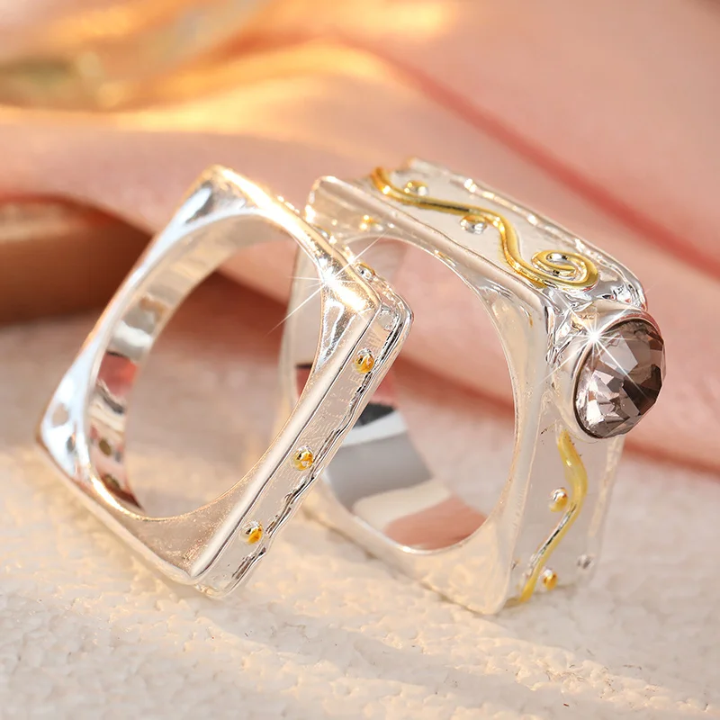 2pcs/set Fashion Square Wide Version Ring Set Women's Minimalist Design Inlay Synthetic Zircon Ring Personalized Jewelry