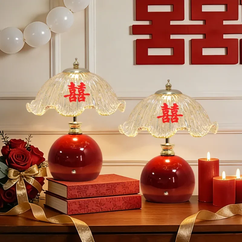 2 Pieces Red Wedding Table Lamp Pair Bridal Dowry Bedside Light for Bedroom Decor New Couple Gift Home Decoration