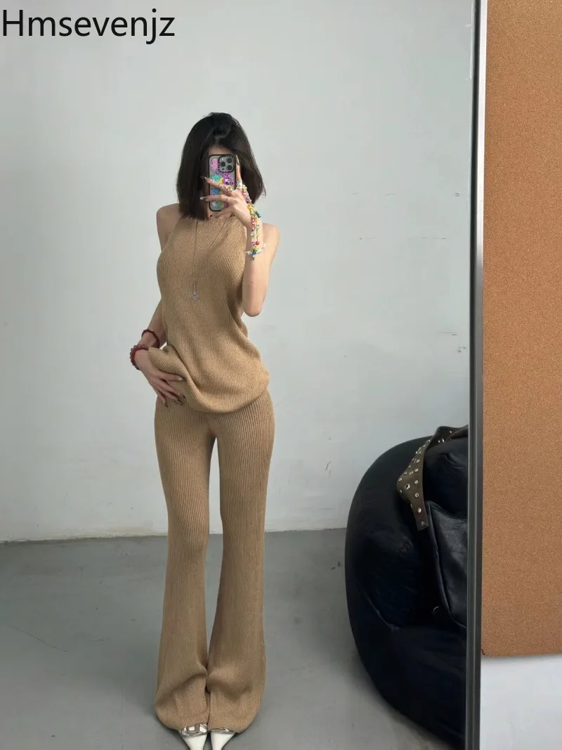 

Hmsevenjz Knitted Set Women's Summer Sleeveless Slimming Top high waist flare Pants Two-piece Set fashion female clothes