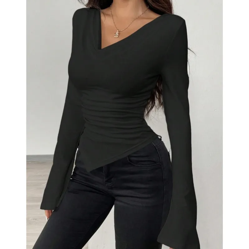 Fashion Woman For Top Spring Autumn Slim V-neck Bare Shoulders Double Wear Tops Irregular Hem Solid Color Office Lady Blouses