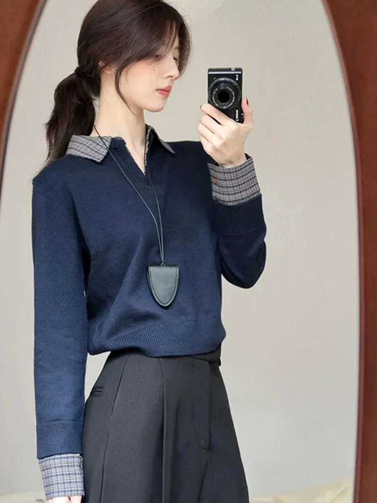 

Korean Retro Women's 2025 New Blue Patchwork Checkered Long Sleeve Sweater Autumn Winter College Style Lapel Knitted Tops Trendy