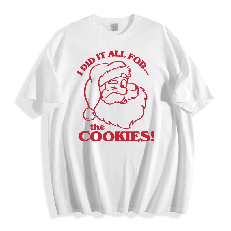 

Funny'I Did It All For The Cookies'Santa Graphic T-Shirt,Festive Printed Cotton Short-Sleeve Tee,Top for Holiday Celebrations