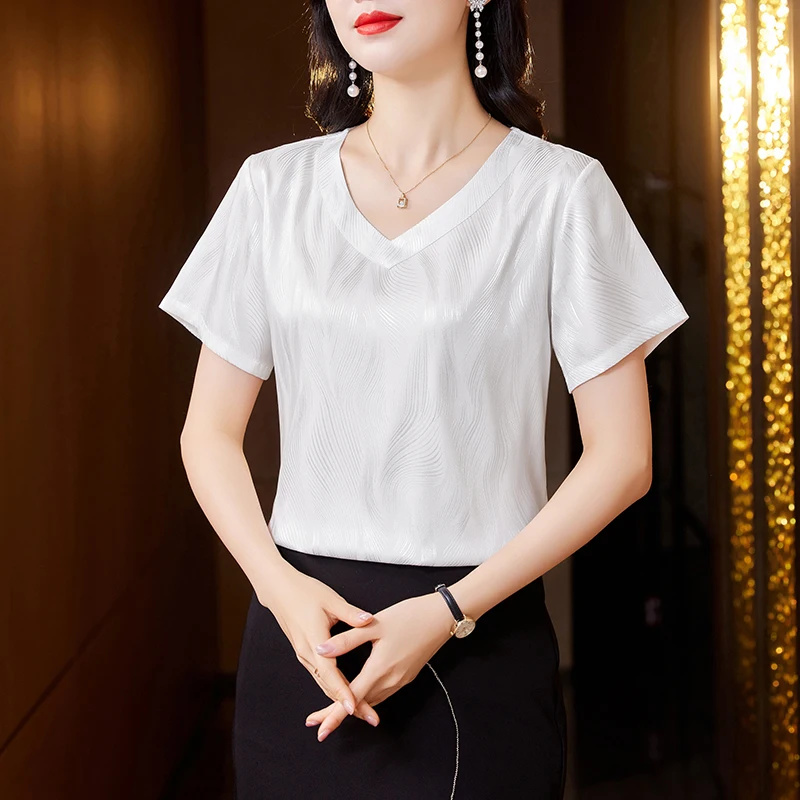 2024 브이넥 반팔 블라우스, 실크 새틴 블라우스, 한국 패션, 여름 신상