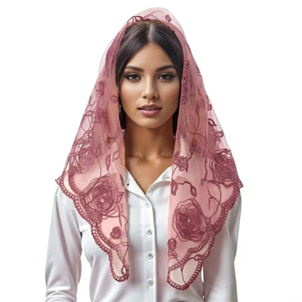 Elegant Lace Mantilla Scarf Floral Pattern Hollow Out Embroidery Church Head Scarf Solid Color Thin Fabric Photo Headpiece