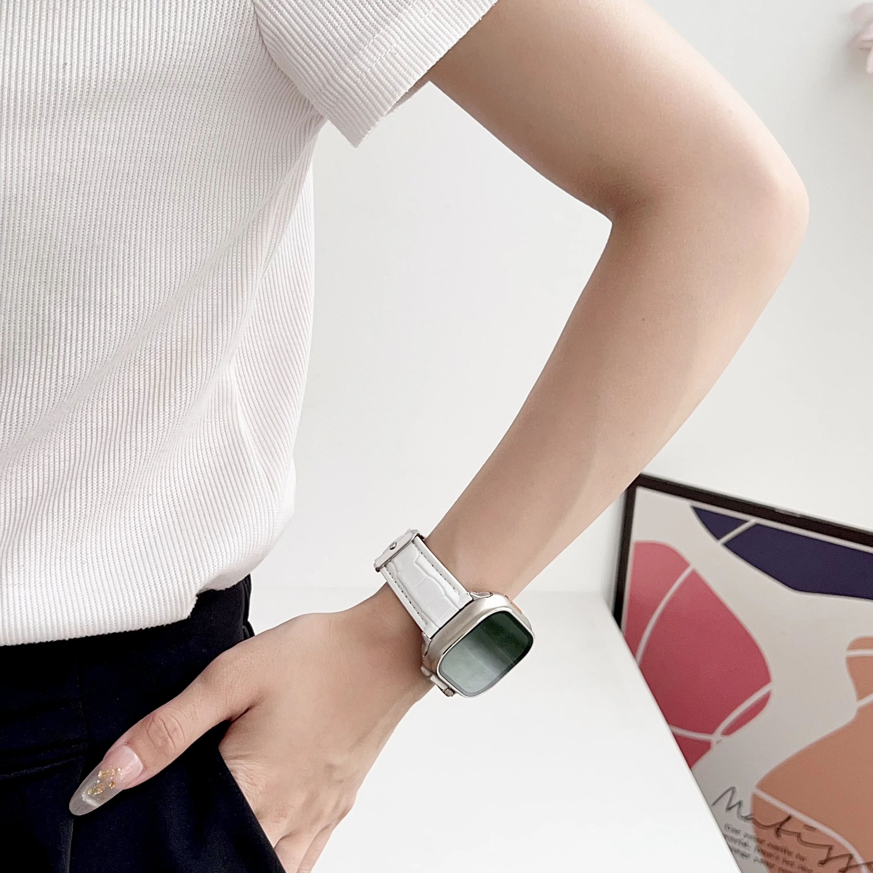 جلد تمساح نمط ، حزام لساعة iWatch HK10 ، HK9 برو ماكس ، 44 ، 45 ، 42 ، 42 ، 38 ، 49 ، HK8 برو ماكس ، H12 الترا ، DT8 بلس ، s9 ، SE #5