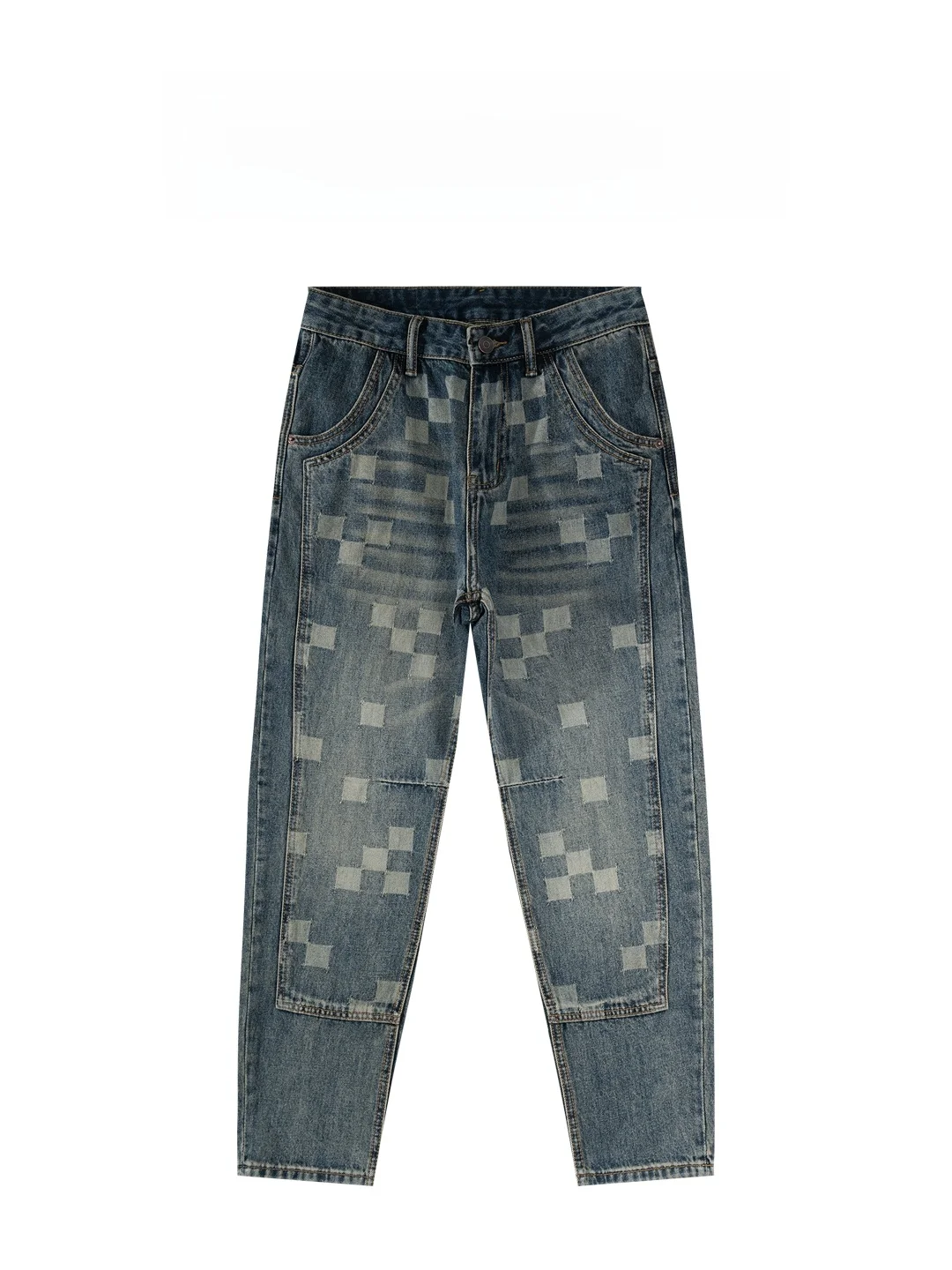 

BAIRBAOLIY American Sle Jeans Men's 3D Splicing Design Chboard Pattern Cone Small Foot Long Pants Casual Faion
