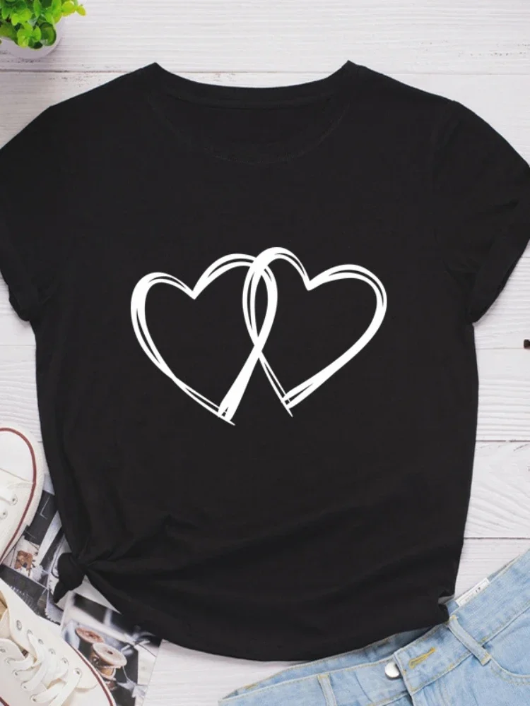 

Double Heart Print Women T Shirt Short Sleeve O Neck Loose Women Tshirt Ladies Fashion Tee Shirt Tops Clothes Camisetas Mujer