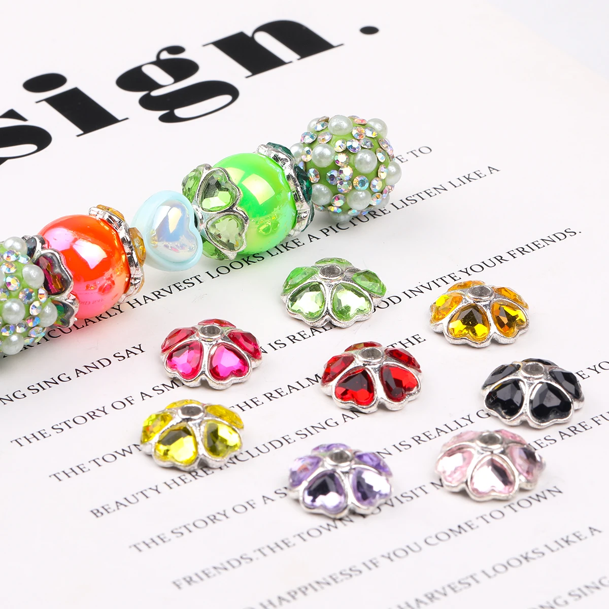 10/15pcs Random Color 15x6mm Heart‑Petal Flower Large Hole Zinc Alloy Beads for Bracelet & Decor Pen DIY Craft