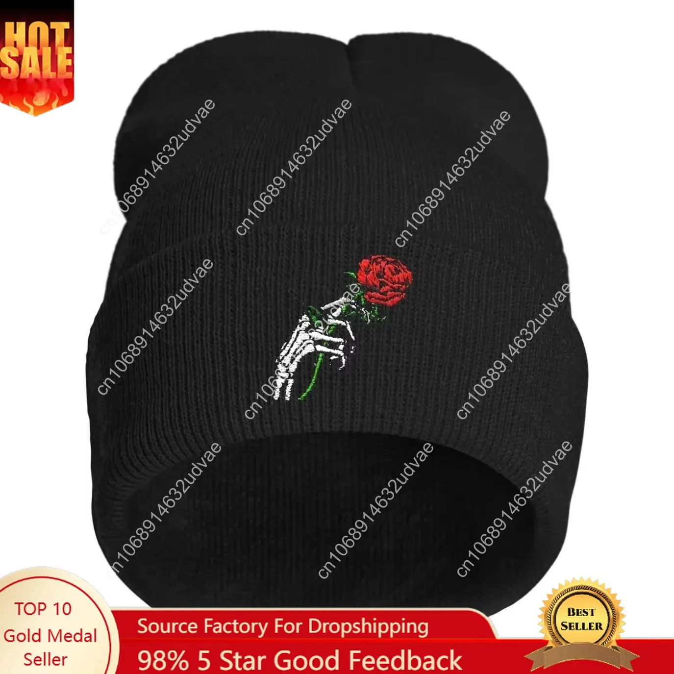 

Skeleton Skull Rose Embroidery Beanie Hat for Men Women Winter Warm Stretch Skull Knit Hats Cap Black