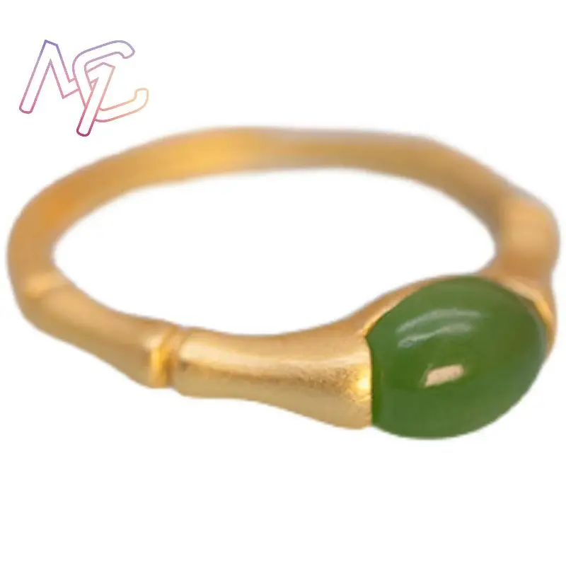Green Natural Jade Bamboo Rings Stone Carved Gemstone Vintage Charm Lucky Talismans Adjustable Ring Real Jewelry view 6