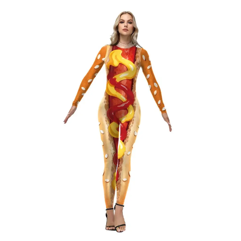 Funny Hot Dog Costume Sausage Print Bodysuit for Women Long Sleeve Full Body Suit Halloween Carnival Food Themed Party Outfit view 3