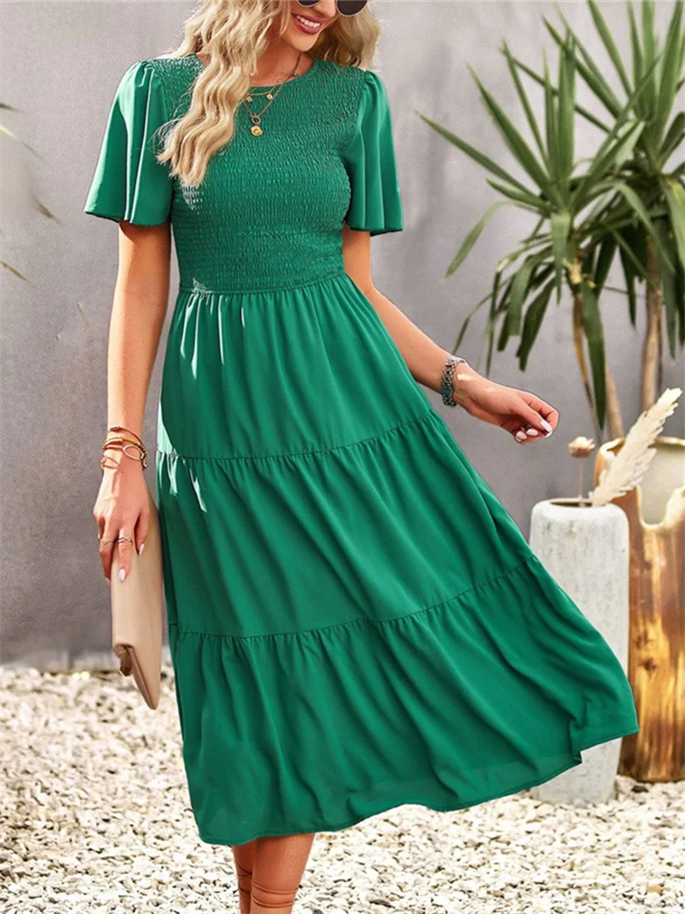 

Elegant Long Dress Women Solid Ruffles Dress Female Summer Fashion Round Neck Short Sleeve Dress Lady Casual Holiday Beach Dress