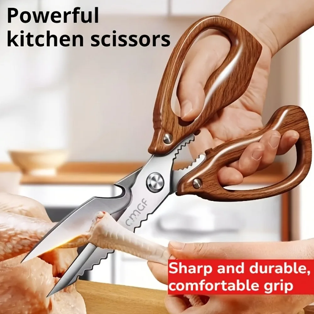 Chicken Shears Imitation Wooden Handle Anti Slip Powerful Kitchen Clipper, Stainless Steel Sharp Blade, Cutting Chicken, Duck
