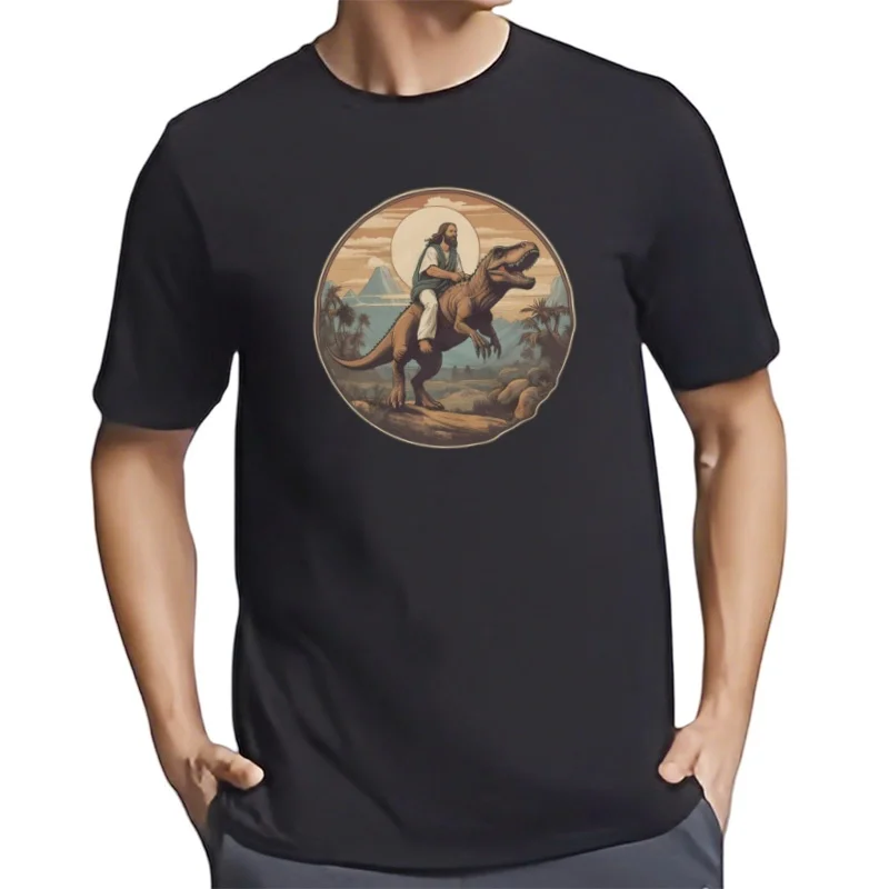Camiseta Jesús chevauchant un dinosaurio, parodie religieuse hilarante, décontractée única perfecta para les amateurs de comedia