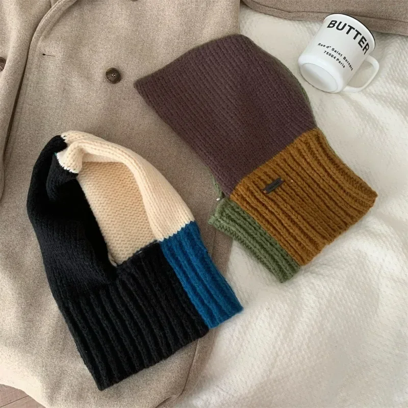 Zimowa kominiarka damska Beanie Hat Color Blocking Miękkie ciepłe czapki z dzianiny Wełniane czapki Korea Y2k Chic Hiking Outdoor Unisex Beanies