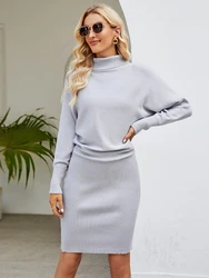 2024 New In Women Clothing Solid Color Long Knit Dress Slim Turtle Neck Bat Sleeve Pullover Dresses Hip Wrap Above Knee Skirt