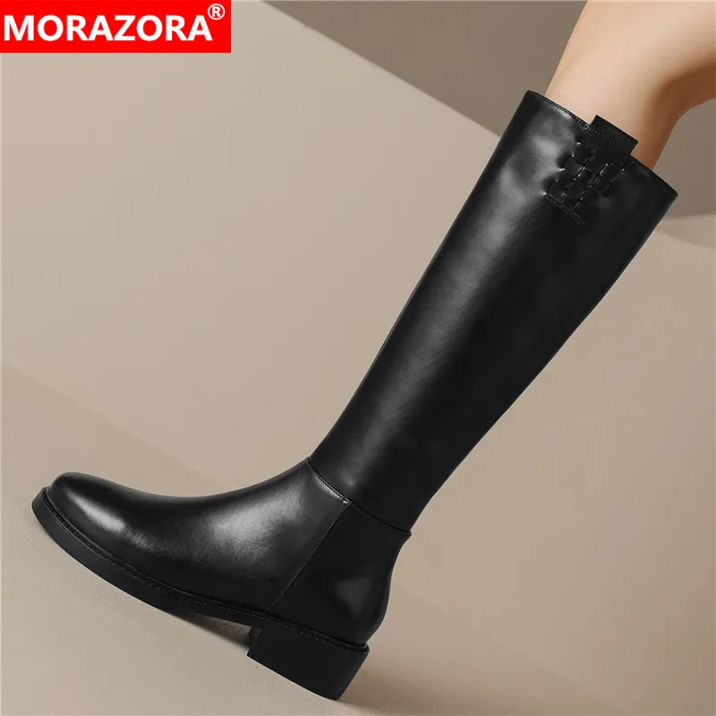 

MORAZORA New Genuine Leather Knee High Boots Women Zipper Black Brown Handmade High Quality Motorcycle Boots Ladies Shoes