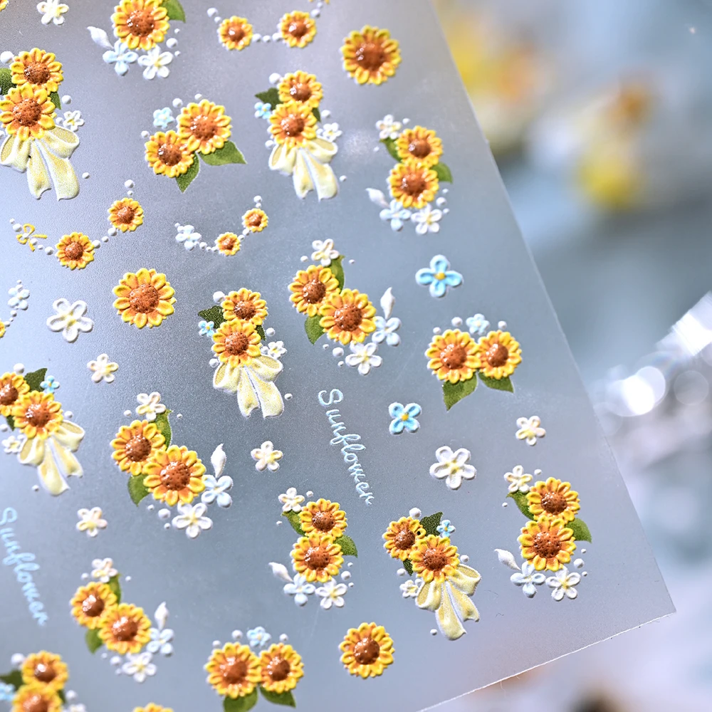 5D Double-Layer Sunflower Spring Nail Art Stickers Embossed Daisy Flower Decal Colorful Five Petal Adhesived Sunflower Slider