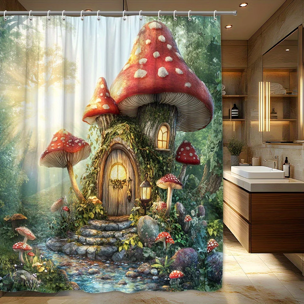 Enchanted Forest Cottage Shower Curtain - Moss-Covered Red Mushrooms, Stream & Lit Lanterns Design, Soft Golden Sunlight