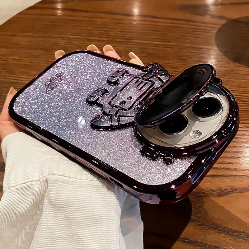 Cute Glitter Astronaut Case For iPhone 15 14 Pro Max Plus 11 12 13 Xr Bracket Stand Transparent Plating Soft TPU Cartoon Cover