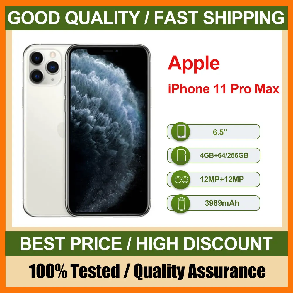 هاتف Apple iPhone 11 Pro Max مستعمل أصلي 4G هاتف محمول معرف الوجه 6.5 بوصة 64/256 جيجابايت ROM 12 ميجابكسل IOS كاميرا هواتف ذكية سداسية النواة