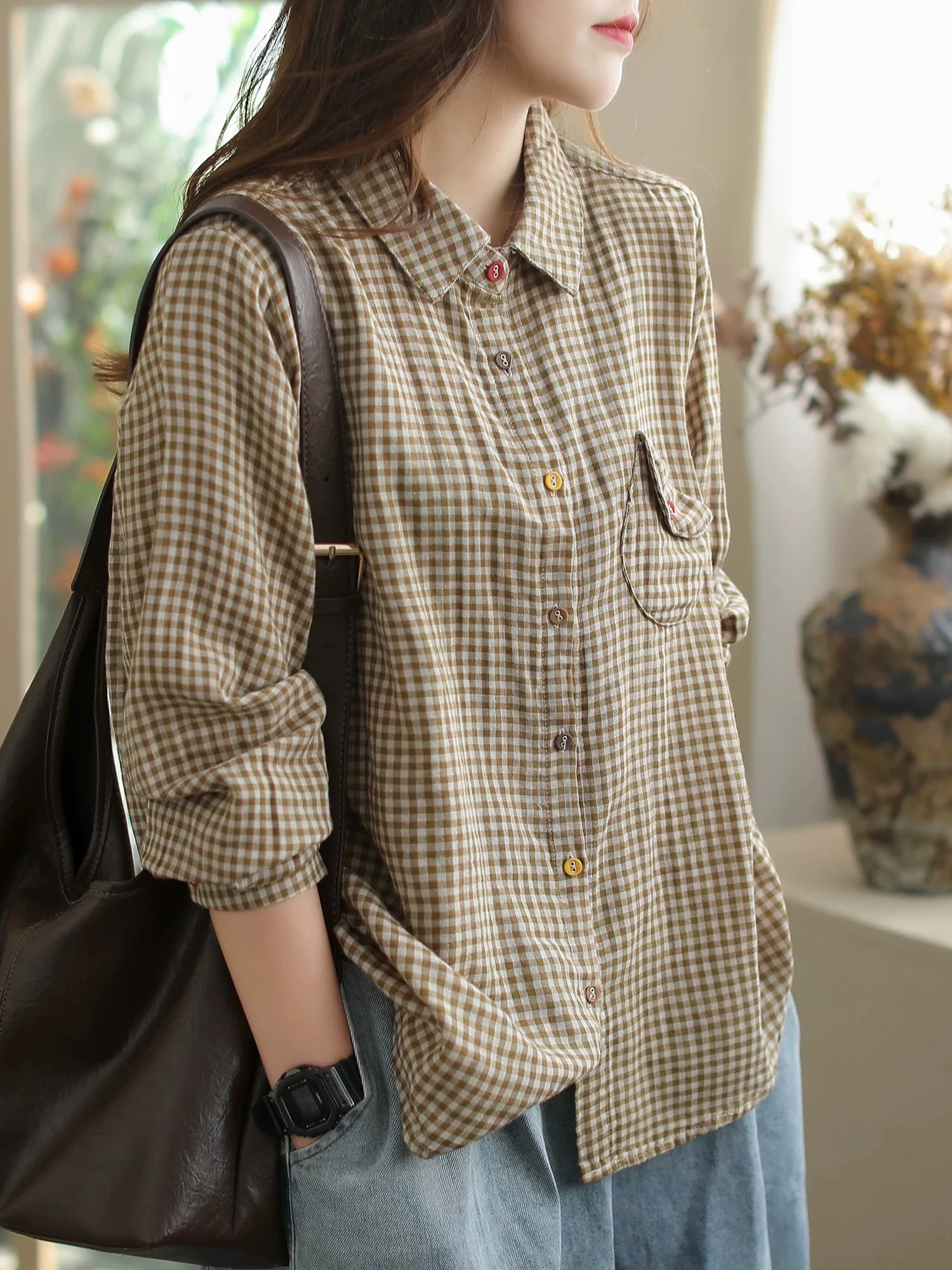 

Retro Plaid Double Layer Cotton irt Jaet Women's Long Sve Spring Autumn Loose Casual Open Cardigan Collar Trendy Top