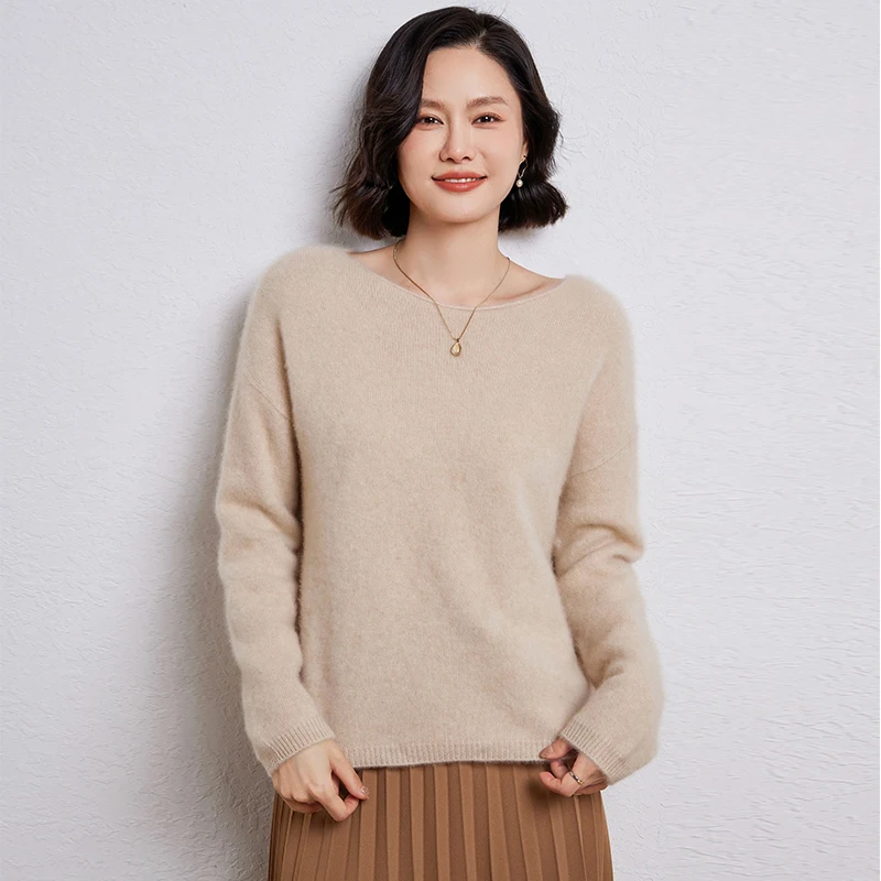 Spring Autumn New 100% Wool Sweater Women\'s One Character Collar Knitted Pullover Casual Loose Large Size Women\'s Clothing Tops