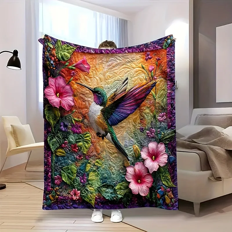 Bohemian Style Hummingbird Floral Print Flannel Blanket Soft Warm All-Season Throw for Sofa Bed Office Travel
