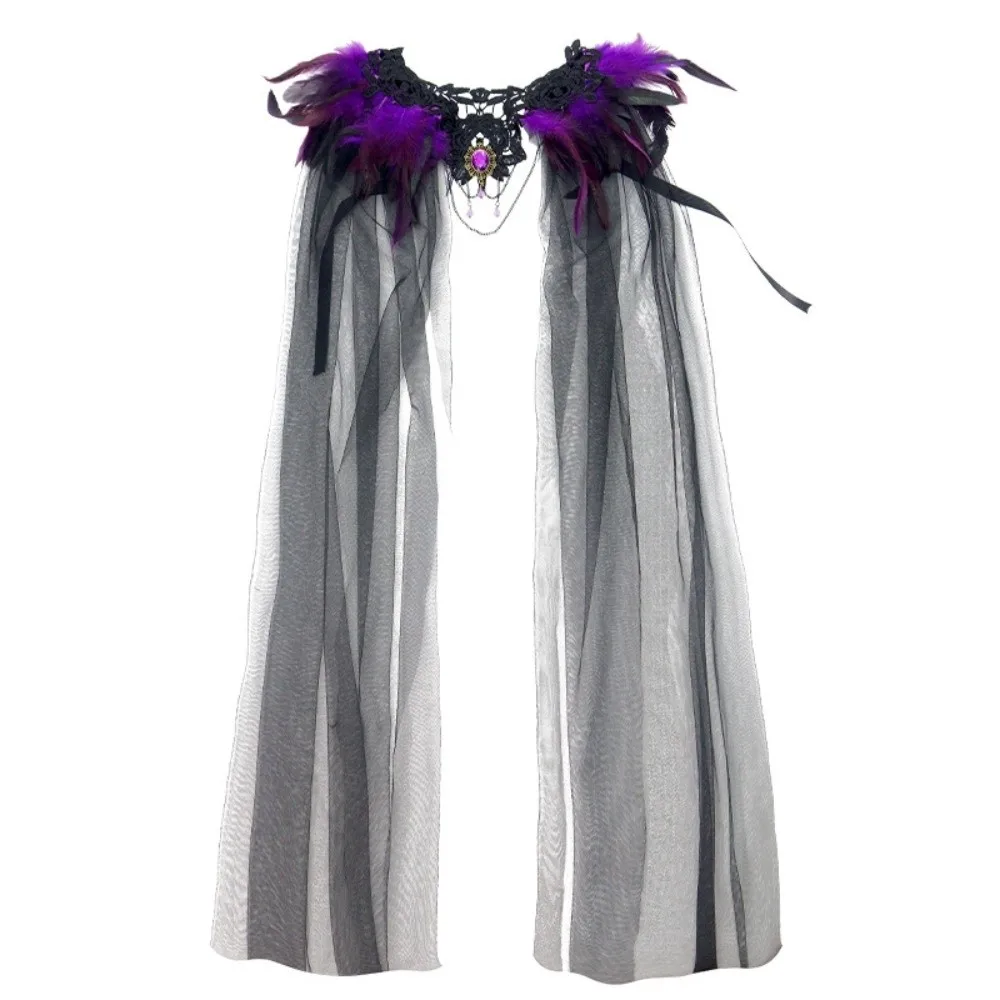 Black Halloween Feather Cloak Fur Collar Mesh Fringe Hollow Lace Mesh Cape Elegant Flowing Festival Costume Cape