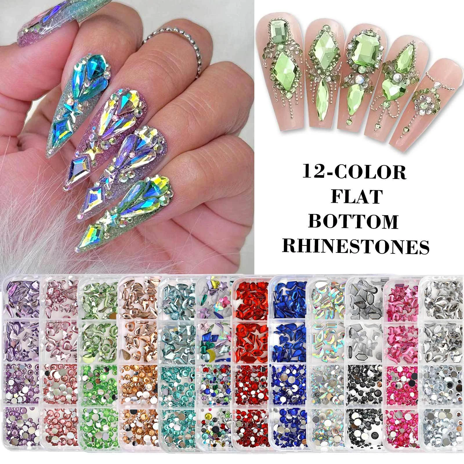 12 Color Flat Bottom Nail Rhinestones Mixed Sizes Shiny Crystal Diamonds 3D Nail Art Gems Charms DIY Manicure Jewelry Decor