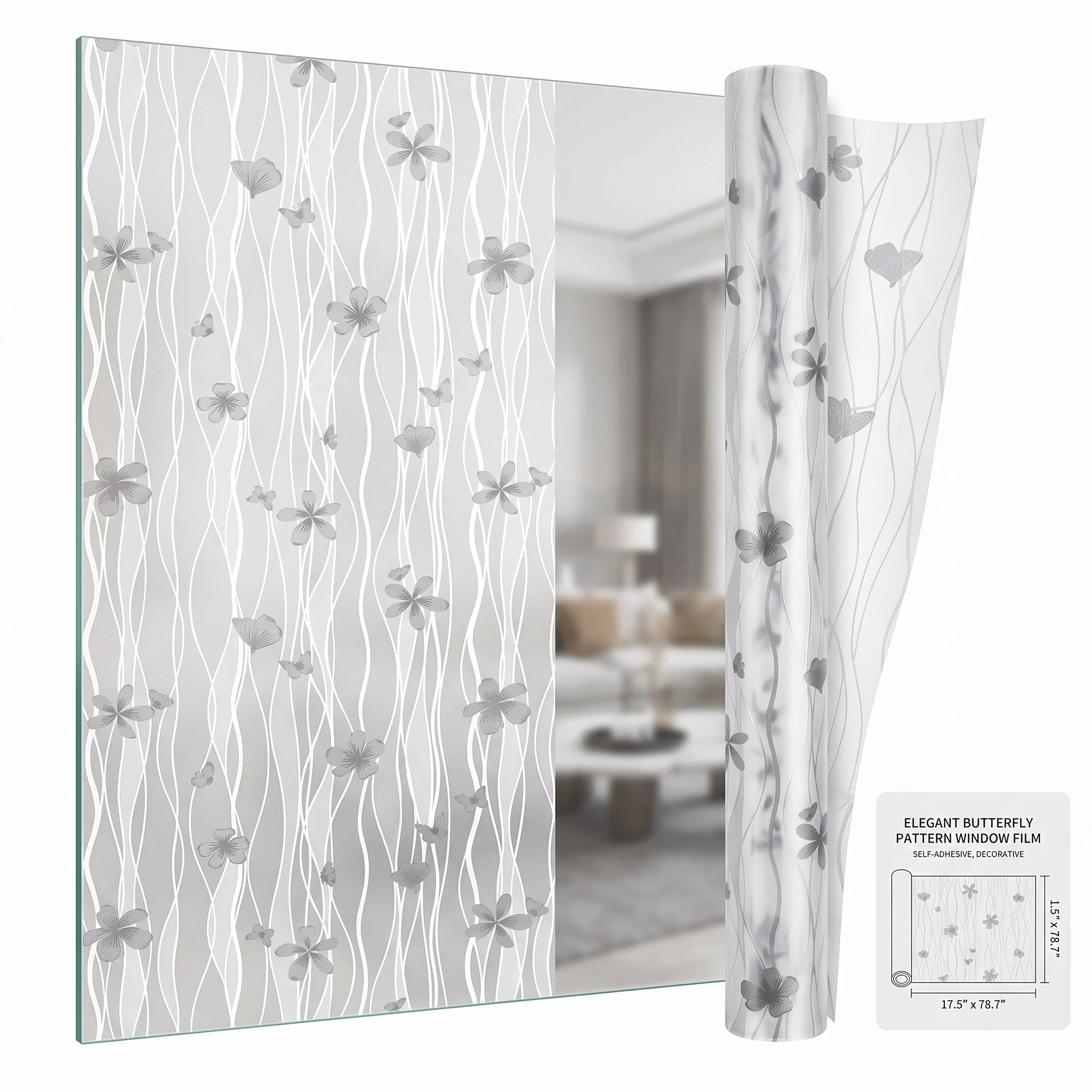 Frosted Butterfly & Flower Privacy Window Film Self-Adhesive Soft Light Transmission Anti-Peep Waterproof PVC Glass Cover for Ho