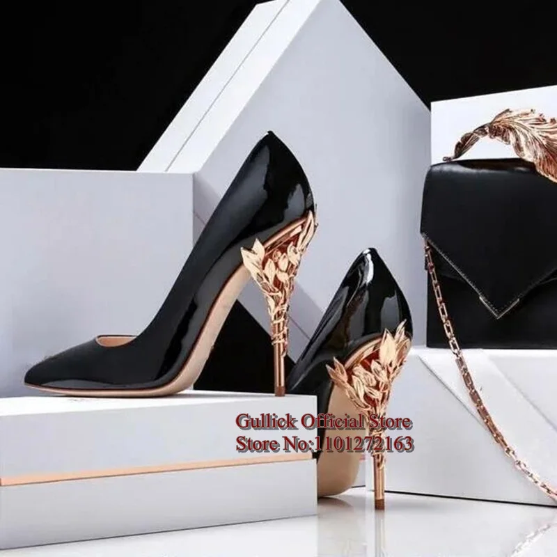 Gold Leaves Heels Pumps Metal Heel Pink Blue Patent Leather Stiletto Heels Dress Shoes Satin Pointed Toe Wedding Bride Shoes