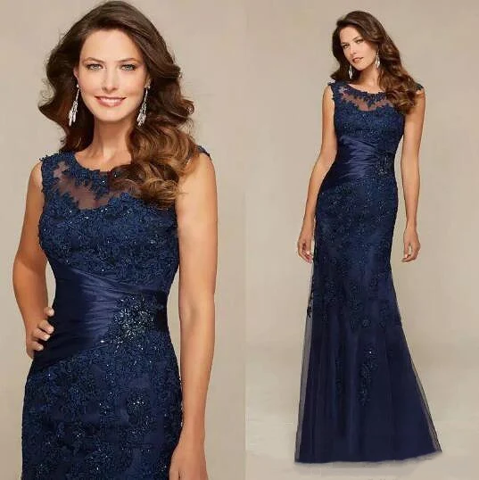 Preto azul mãe dos vestidos de noiva sereia rendas frisado sheer neck vestidos de festa de casamento 2021 mãe vestidos de noite sem mangas