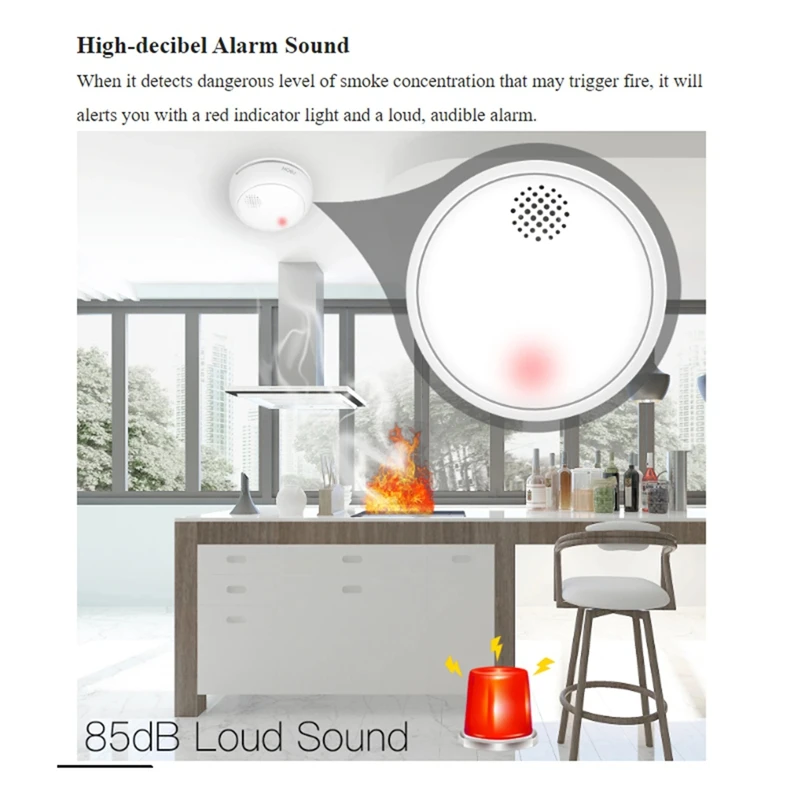 Zigbee Detector de humo inalámbrico inteligente, alarma de sonido de 85Db, Sensor de sirena, protección de seguridad, alerta de incendios para cocina y hogar