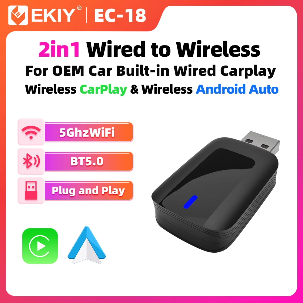 EKIY Car Intelligent Systems For Car With Wired CarPlay 2in1 Wireless CarPlay Dongle Wireless Android Auto Adapter AI TV Box