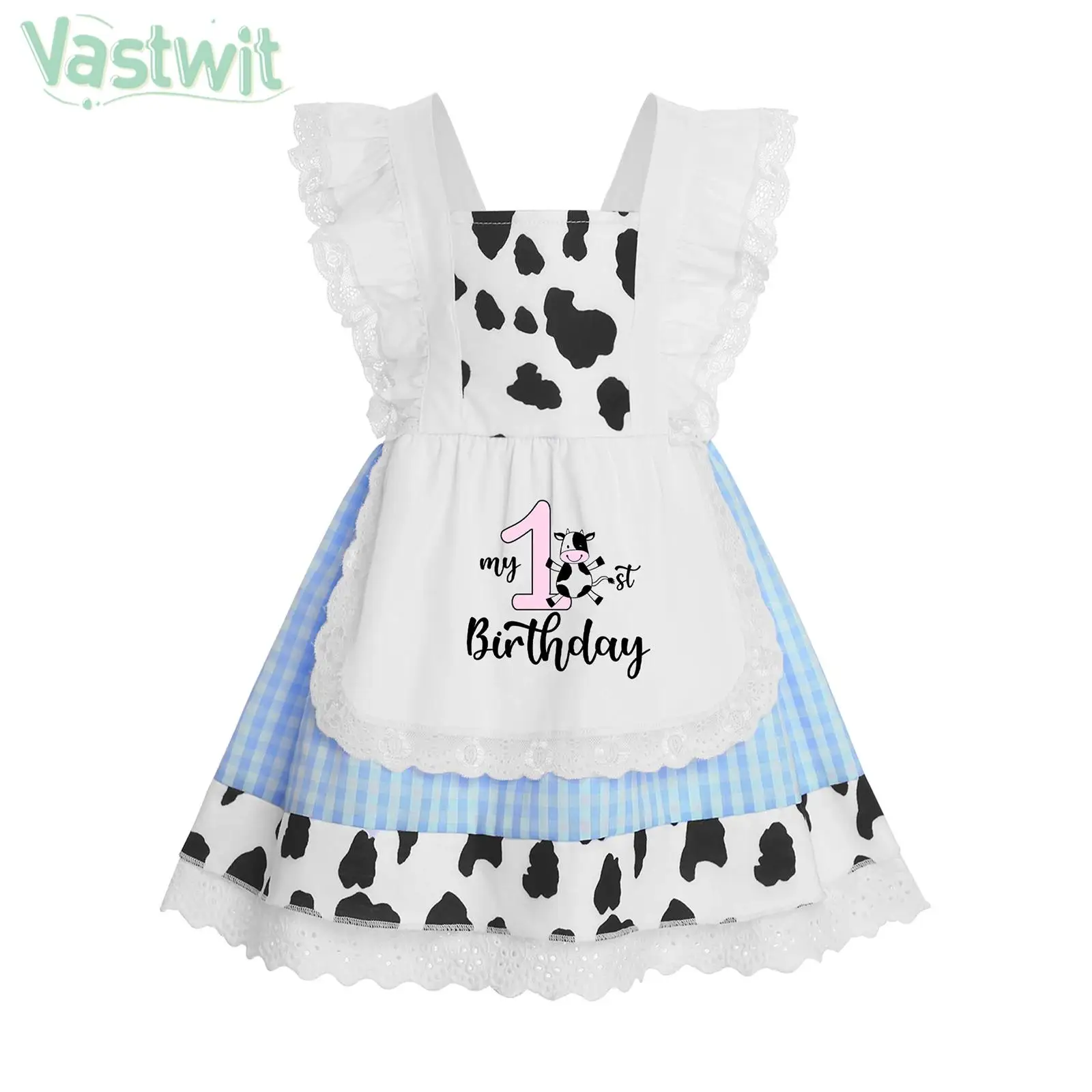 

Infant Girls Cute 1st Birthday Dress Self-tied Sleeveless Cow Printed Lace Plaid Tutu for Cake Smash Photography Theme Party