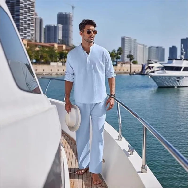 Summer New Men's Cotton Linen Shirt Set Vacation Men's Casual Henley Collar Long Sleeved Shirts + Beach Trousers 2-piece Set