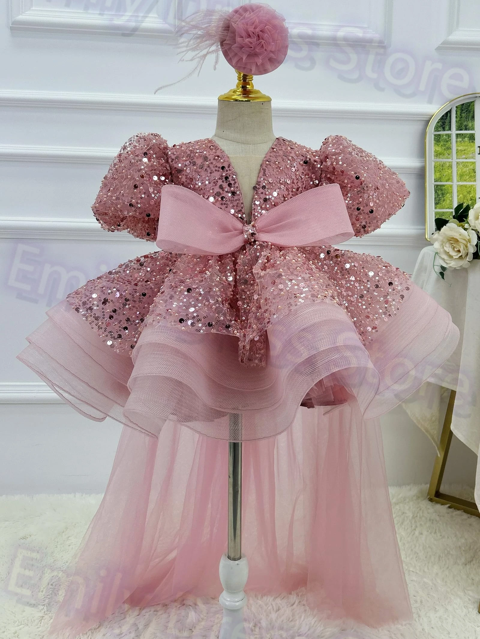 Abito da ragazza di fiore rosa personalizzato per paillettes da sposa gonfio brillante con fiocco Abiti da prima comunione per feste di compleanno per bambini