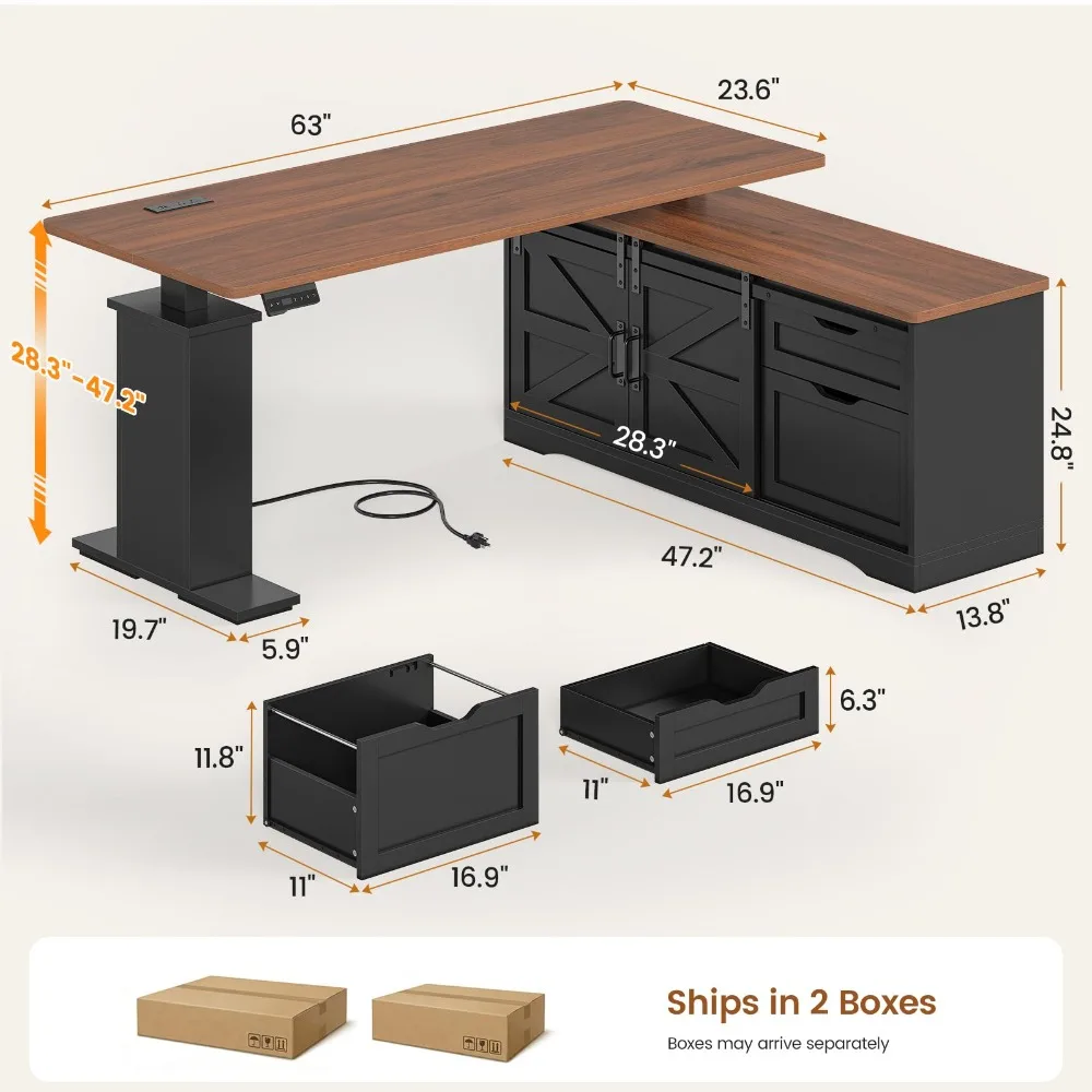 Farmhouse L Shaped Executive Standing Desk with Storage Drawers