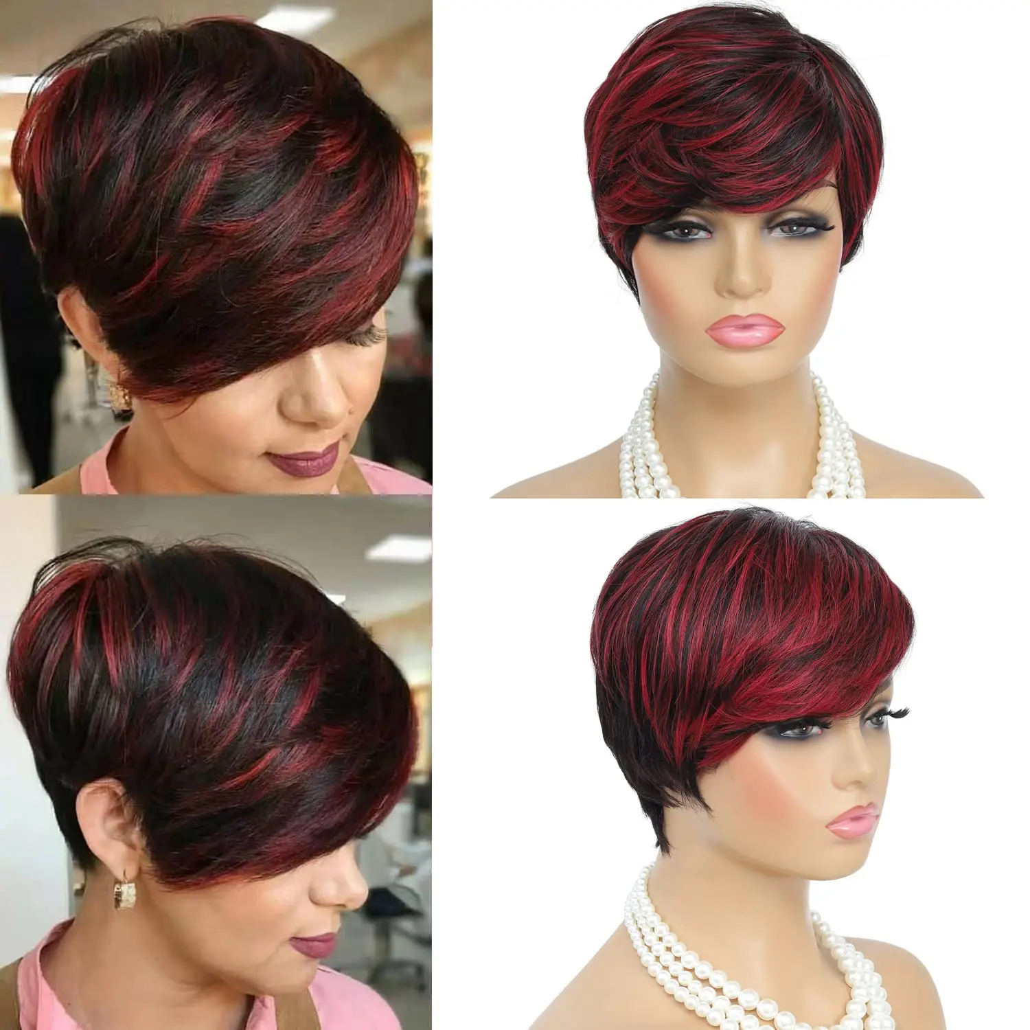 Pixie Cut Wig for Black Women Short Cut Wig Black Mixed With Red Curly Wigs Natural Black Mixed Red Pixie Cut Wig Synthetic Shor