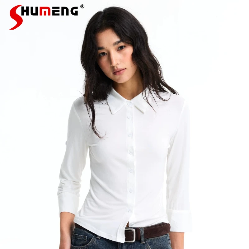 

Fashion Versatile Comfort Slimming Solid Color Shirts Women's 2026 Spring Summer New Simple Lapel Tops Jackets Chic Stylish Tops
