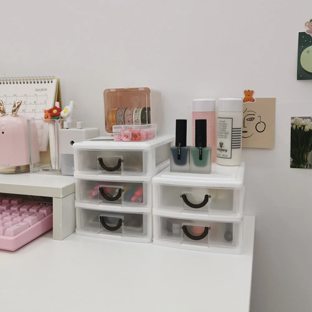 

Beige 3 Layer Plastic Office Desk Storage Box Translucent Handle Desktop Organizer Jewelry Holder Multifunctional