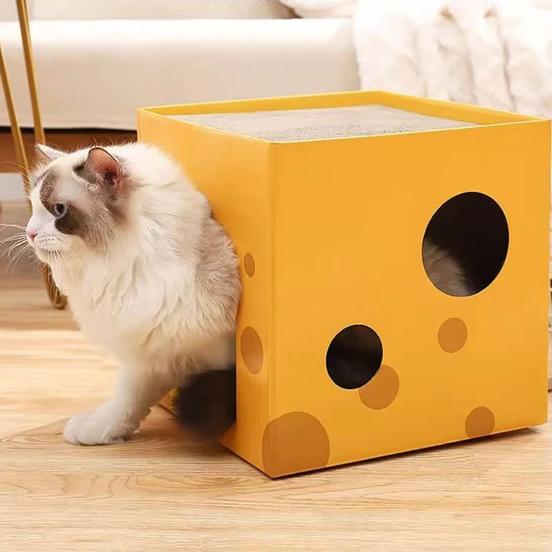 Casa plegable para gatos cartón diseño queso con rascador transpirable - imagen 3