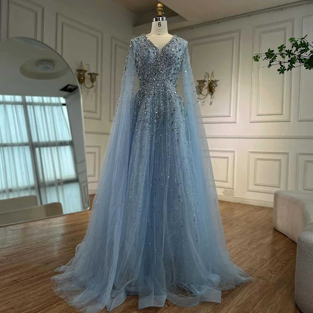 Luxury Saudi Arabic Blue Beaded A Line Formal Gown with Cape Sleeves Serene  Hill 2026 CLA72968 Customized - AliExpress 320